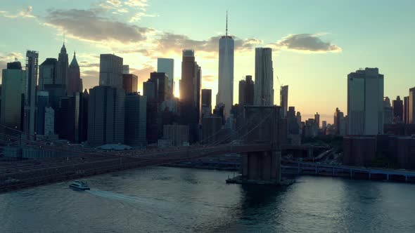 Aerial Drone View of Brooklyn Bridge in New York at Sunset