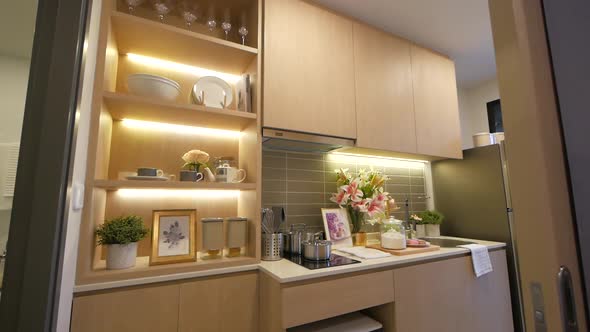 Compact and Stylish Kitchen Area in an Apartment Decoration