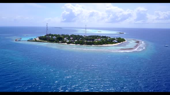 Aerial above travel of luxury coastline beach holiday by transparent sea and white sandy background 