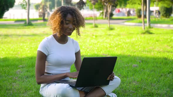 Young African American Woman Using Laptop Computer in Park
