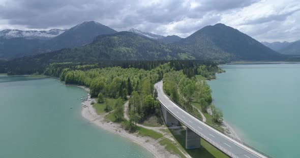 Bridge over mountain lake reservoir, Sylvenstein, Bavaria, Germany