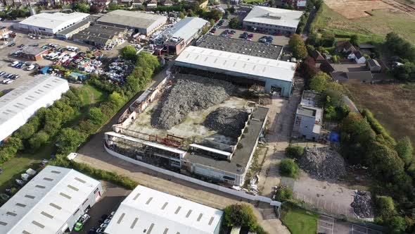 Aerial View of a Warehouse Destroyed By Fire and Filled with Waste Junk, Margate, Kent, UK