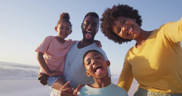 Portrait of smiling african american family looking at camera on sunny beach