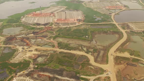 Aerial view of many brick factories, Dhaka province, Bangladesh.