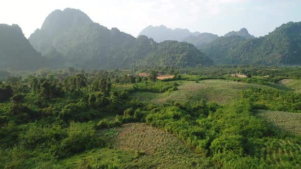 Natural landscapes around the city of Vang Vieng in Laos seen from the sky