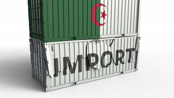 Container with Flag of Algeria Breaks Container with IMPORT Text