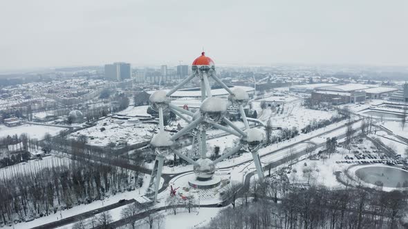 Aerial view of the Atomium in wintertime, Brussel, Belgium.