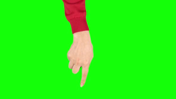 Female Hand in Red Sweater Is Performing Rotate at Tablet Screen Gesture. Chroma Key. Close Up