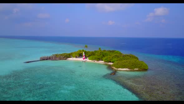 Aerial above nature of perfect resort beach lifestyle by turquoise ocean with white sand background 