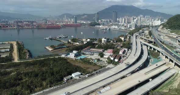 Aerial footage of busy highway traffic in Yantian port in shenzhen city, China