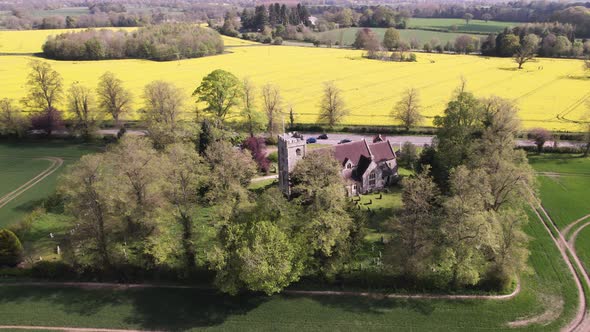 Church Aerial Spring Season Yellow Flower Rapeseed Field Holy Trinity Church Hatton Green Warwickshi