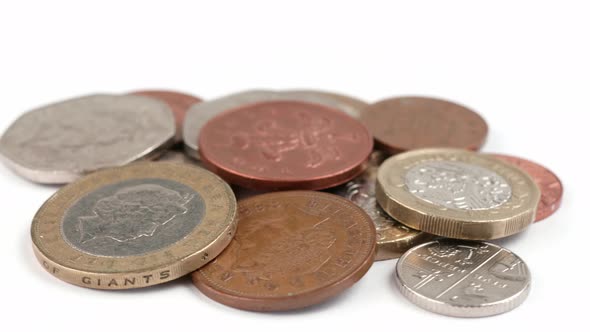 UK Currency pounds coins rotating close up footage against the white background