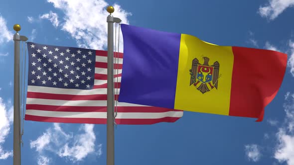 Usa Flag Vs Moldova Flag On Flagpole