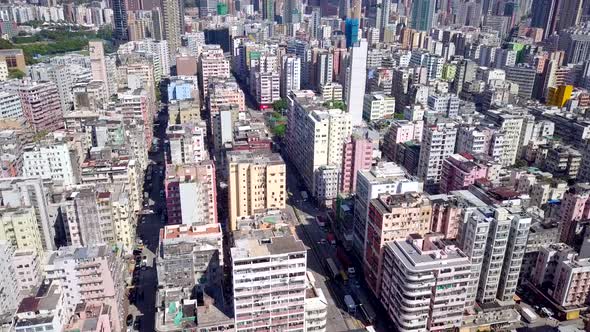 Drone fly over Hong Kong urban city