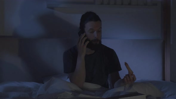 Night Home Leisure Man on Phone Watching Tv in Bed