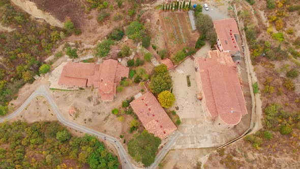 Descending Overhead View Of Monastery Complex In Georgia 