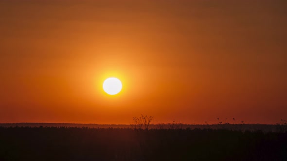 Timelapse Sunset in the Sky Big Bright Yellow Sun Moves Down on the Horizon