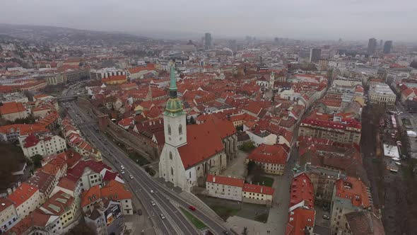 Church in the Old Town of Bratislava, aerial view