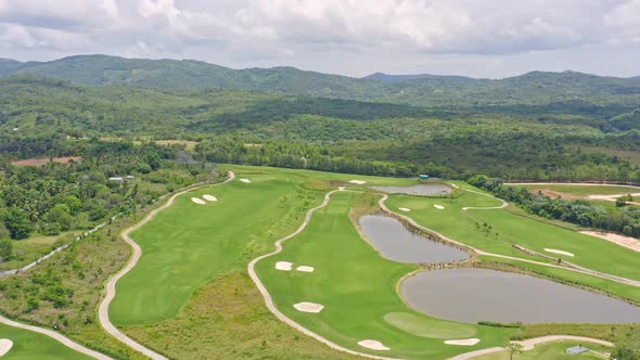 Aerial View Of Vistas Golf And Country Club With Green Mountain Views At Summer In Santo Domingo, Do