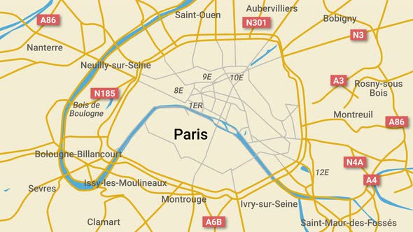 Animated map of Paris with route numbers