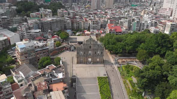 Aerial view approaching famous Ruins of Saint Paul's, Macau. Tilting downwards