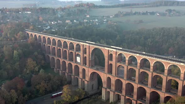 Goltzsch Brick Viaduct in Germany on a Foggy Autumnal Morning Aerial View