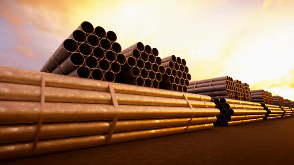 Background CG animation of steel pipes bunches. Tubes building construction