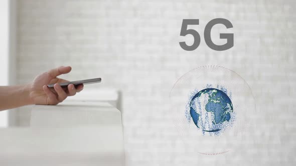 Hands Launch the Earth's Hologram and 5G Text