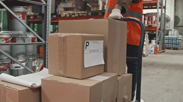 Warehouse Worker Transporting Boxes