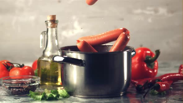 Super Slow Motion Sausages Fall Into a Pan with Water Spray