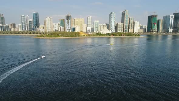 Aerial view of speedboats preparing for a race in Khalid lake in Sharjah, U.A.E.