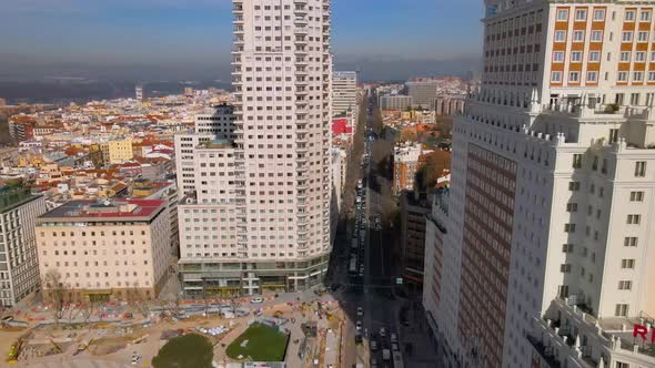 Slow panning of downtown Madrid Spain