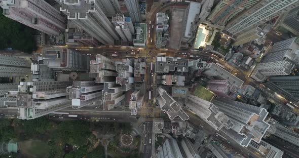 Hong Kong aerial view. Hong kong city downtown traffic aerial topdown. 