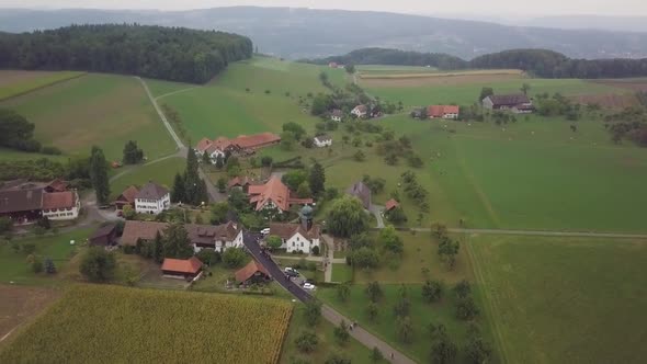 Drone shot of a very small village in Switzerland.