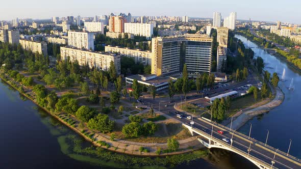 Aerial Drone Footage of Rusanivka District in Kyiv at Sunset Ukraine
