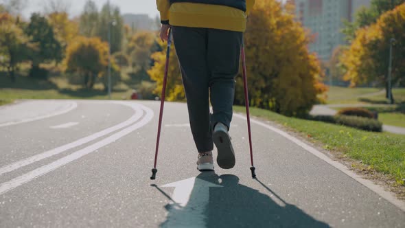 Shot of Woman Walking in Sunny Fall Park with Nordic Walking Sticks Back View