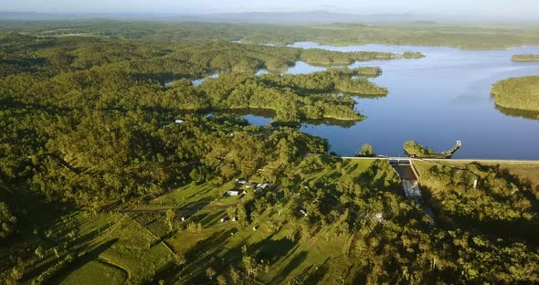 Drone view of a dam at the lake.