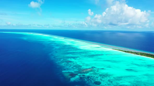 Aerial view sky of relaxing bay beach break by turquoise sea and white sandy background of journey n