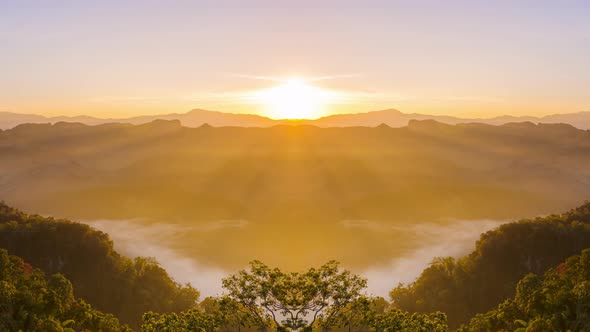 Beautiful landscape sunbeam with fog at morning,