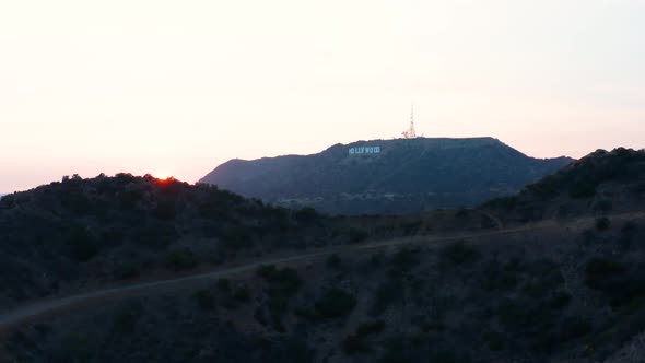 Aerial Hollywood sign in Los Angeles. Hollywood Hills in Beautiful Sunset Golden Hour