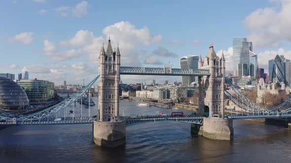 Cinematic Aerial rotating drone shot of tower bridge London on a sunny day