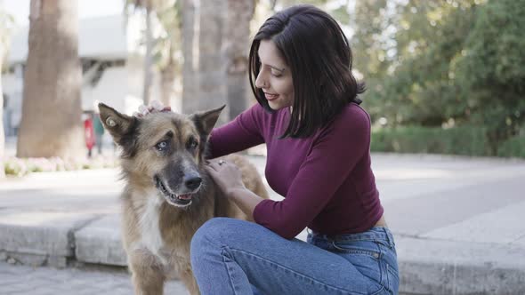 Beautiful woman petting dog