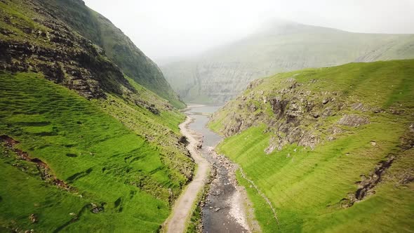 Aerial View of Saksun Village Faroe Islands