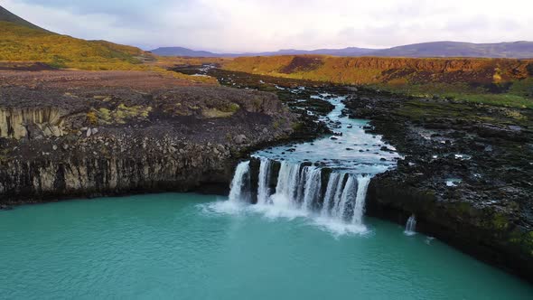 Flying Above the Thjofafoss Waterfall on the River Thjorsa in Southern Iceland