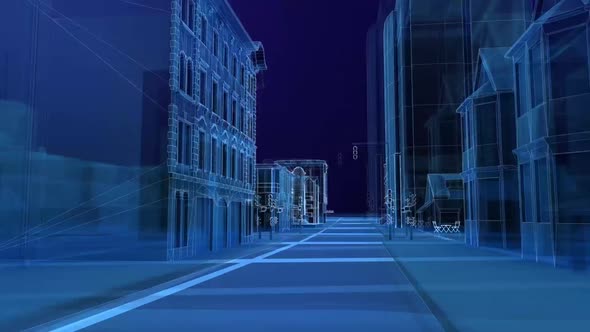 Flying through Modern Digital Abstract City wireframe 3d Animation futuristic cityscape