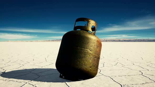 Old Rusted Danger Gas Container on Salt Lake