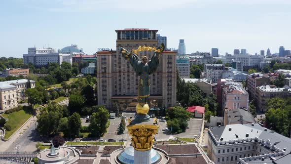 Aerial View of the Kyiv Ukraine Above Maidan Nezalezhnosti Independence Monument