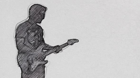 Musician Guitarist  Playing An Electric Guitar Cartoon Sketch On Paper