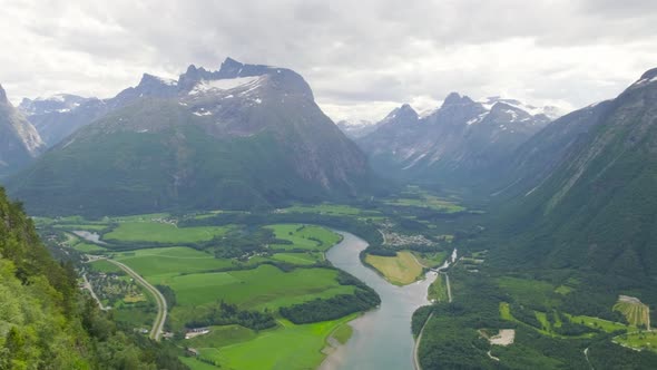 Beautiful Scenery Of Rauma River Through The Mountains Of Romsdalen In Andalsnes, Norway With Romsda