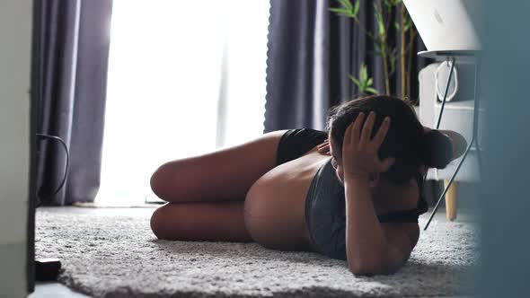 Focus Pregnant Young Woman Doing Exercise Indoor at Home During Lockdown